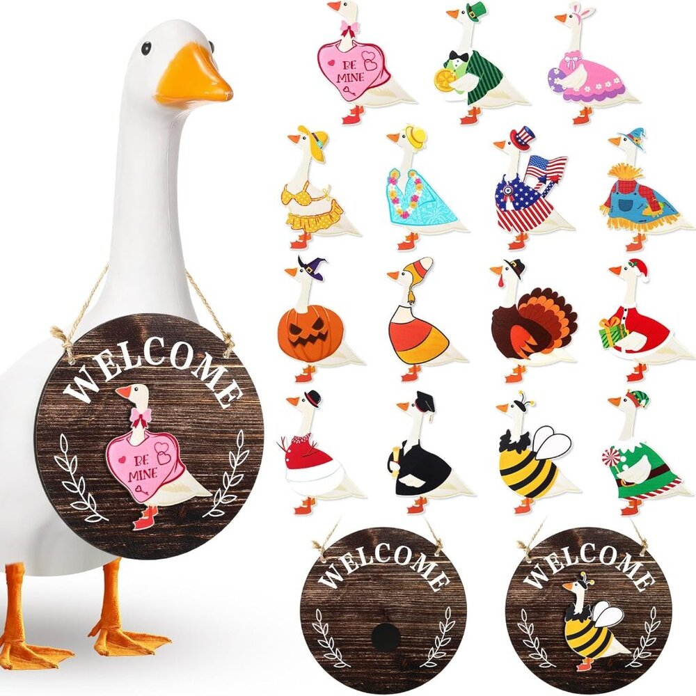 Porch Goose Interchangeable Holiday Hanging Neck Welcome Sign NWT 16 Pcs, Magnet